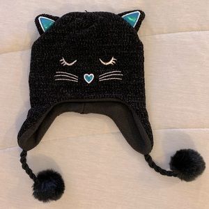 4/$20 SALE! NWOT Girl’s black chenille beanie hat w/cat ears & pompoms, one size
